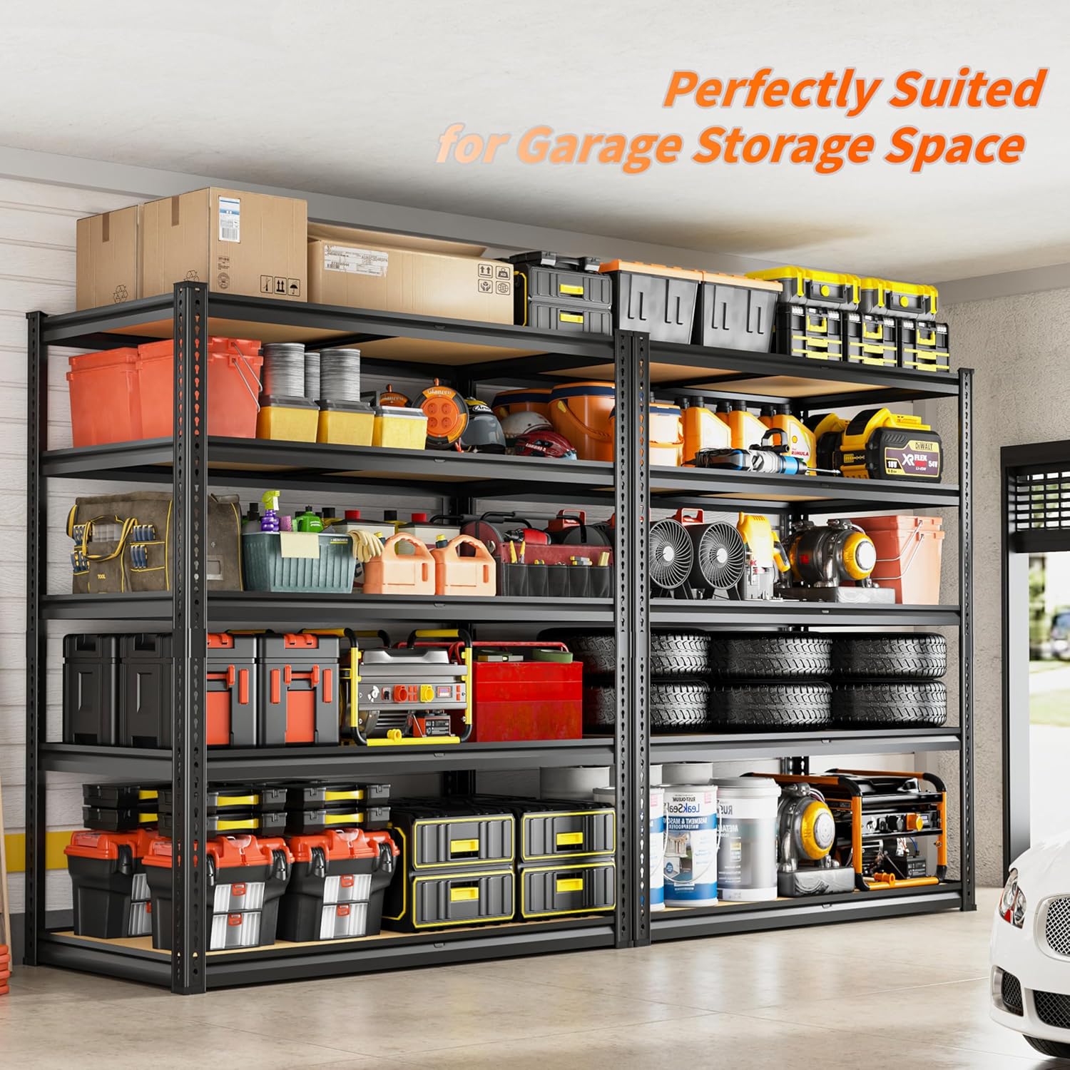 2300LBS Storage Shelves Heavy Duty 5 Tier Garage Storage Shelving, Adjustable Metal Shelving Unit Utility Rack Shelf for Warehouse, Pantry, Closet, 72" H x 40" W x 20" D, Black,2PCS