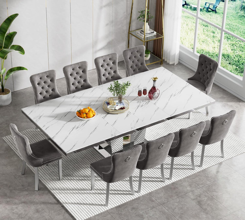 Modern Extendable Dining Table Set for 10, 94" Faux Marble Expandable Ta...