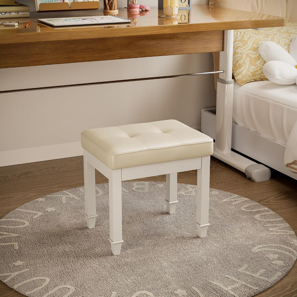 Solid Wood Vanity Bench Stool, Small Vintage Ottoman Foot Stool with Off-Whit...