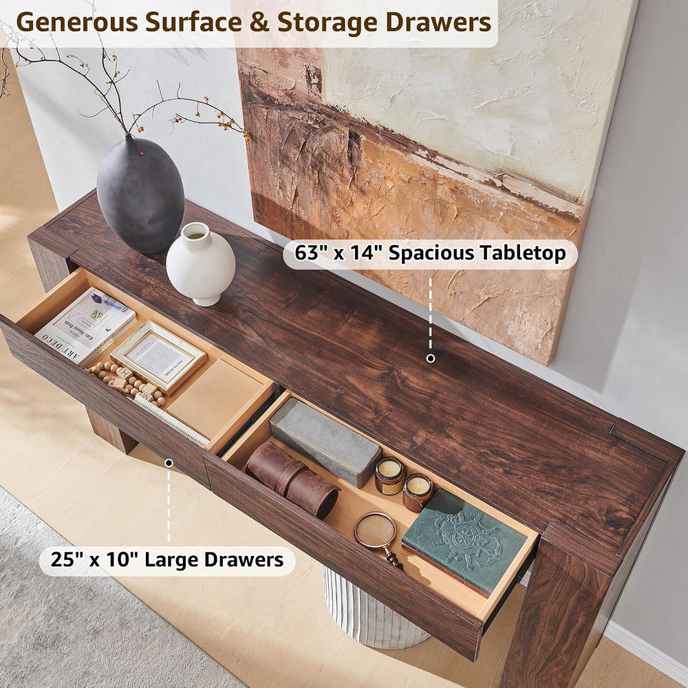 OKD 63" Console Table with Drawers, Thick Block Entryway Table, Walnut |...