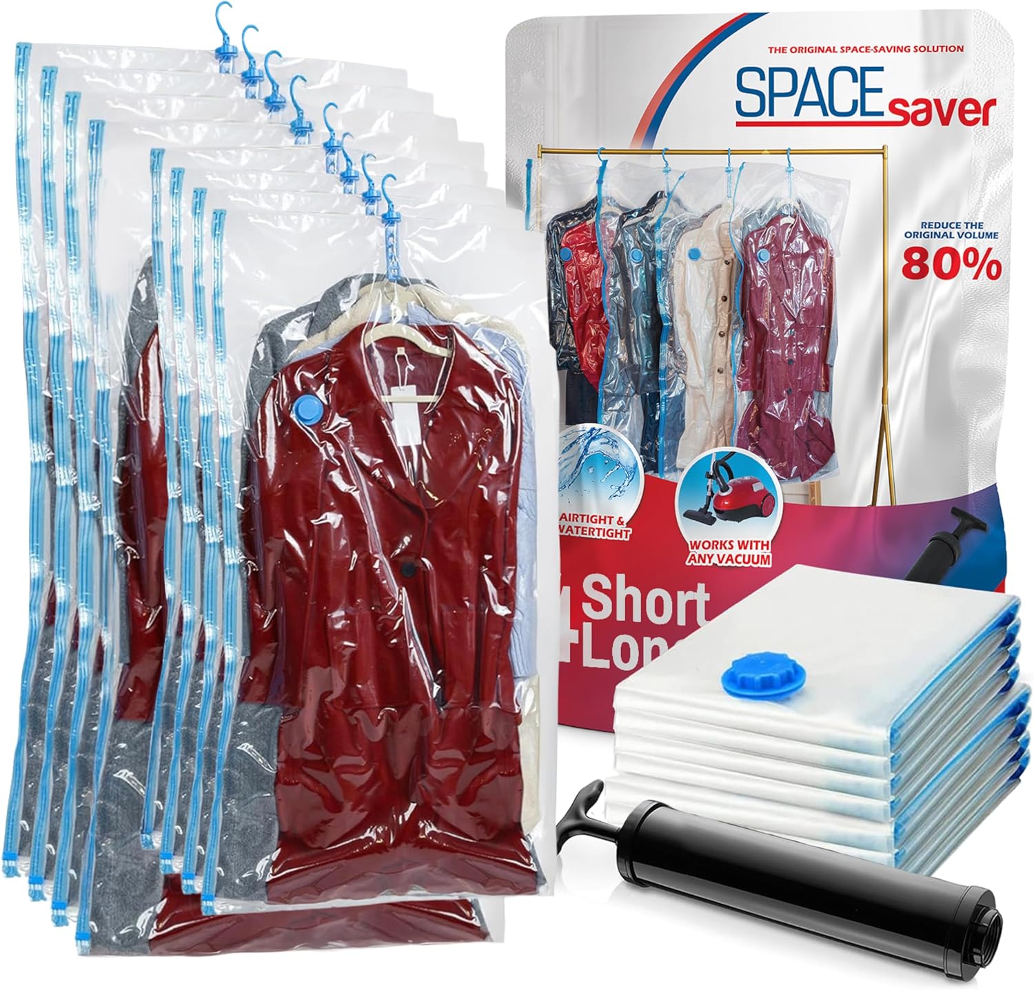 Hanging Vacuum Storage Bags for Clothes & Coats – 8 Pack (4 Small & 4 Large) Vacuum Seal Garment Bags for Hanging Storage – Space Saving Compression Bags for Clothing, Jackets – Transparent