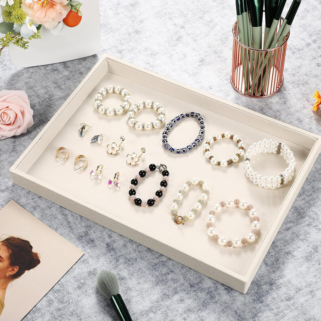 Quelay 6 Pcs Velvet Stackable Jewelry Tray Showcase Display, Jewelry Organizer Tray Bracelet Ring Earring Necklace Organizer Empty Plate for Drawers Countertop (Beige)