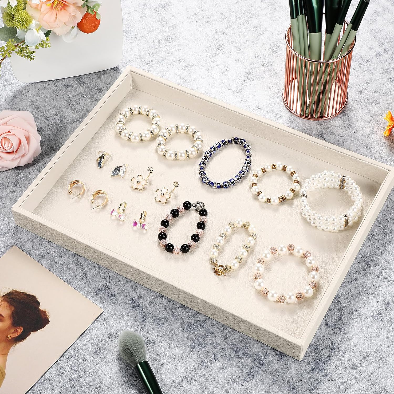 Quelay 6 Pcs Velvet Stackable Jewelry Tray Showcase Display, Jewelry Organizer Tray Bracelet Ring Earring Necklace Organizer Empty Plate for Drawers Countertop (Beige)