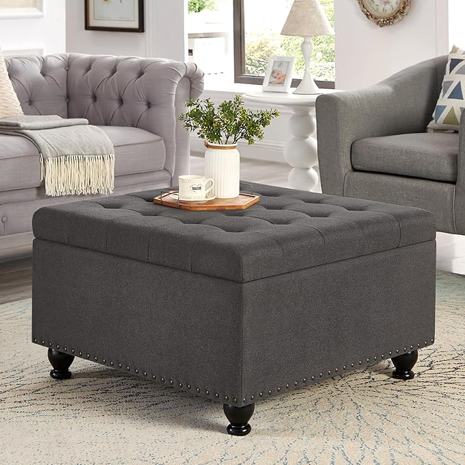 Upholstered Linen Storage Ottoman Bench with Wooden Legs,Button Tufted Coffee Table W/Nail Trims,for Living Room,Bedroom,Entryway,Easy to Assemble,Dark Gray
