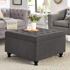 Upholstered Linen Storage Ottoman Bench with Wooden Legs,Button Tufted Coffee Table W/Nail Trims,for Living Room,Bedroom,Entryway,Easy to Assemble,Dark Gray