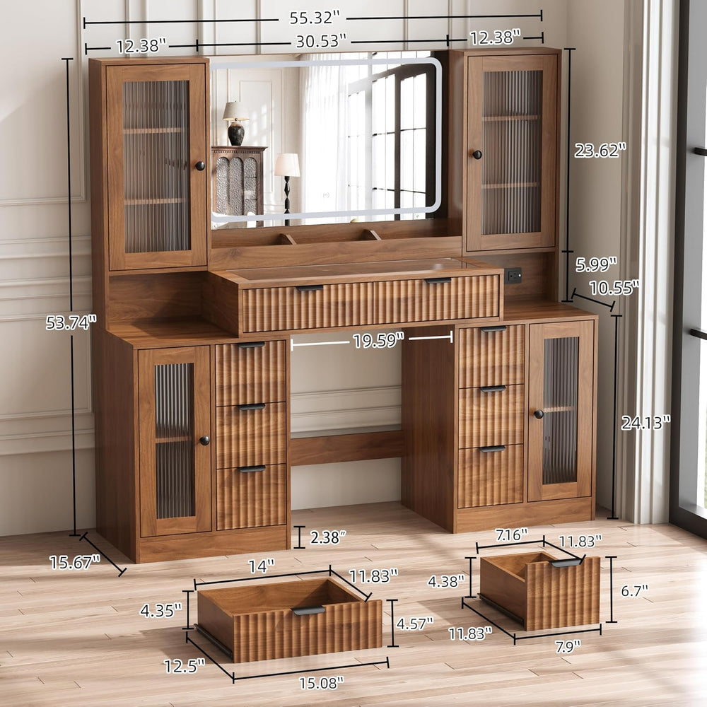 55" Vanity Desk with Mirror & Lights, Fluted Makeup Vanity with 8 Dr...