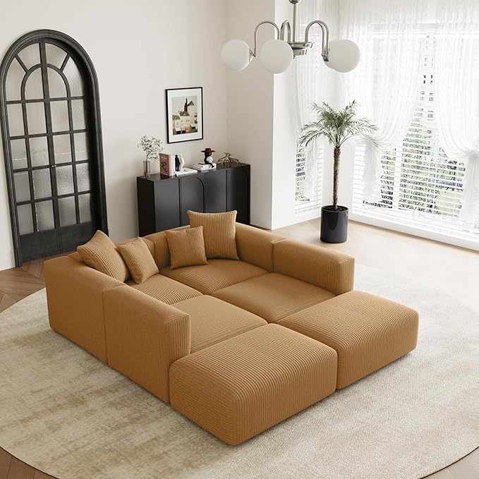 Acanva Convertible Modular Sectional Sofa with Movable Ottomans, Free Combination Corduroy Couch for Living Room Apartments, U-Shaped, Yellow