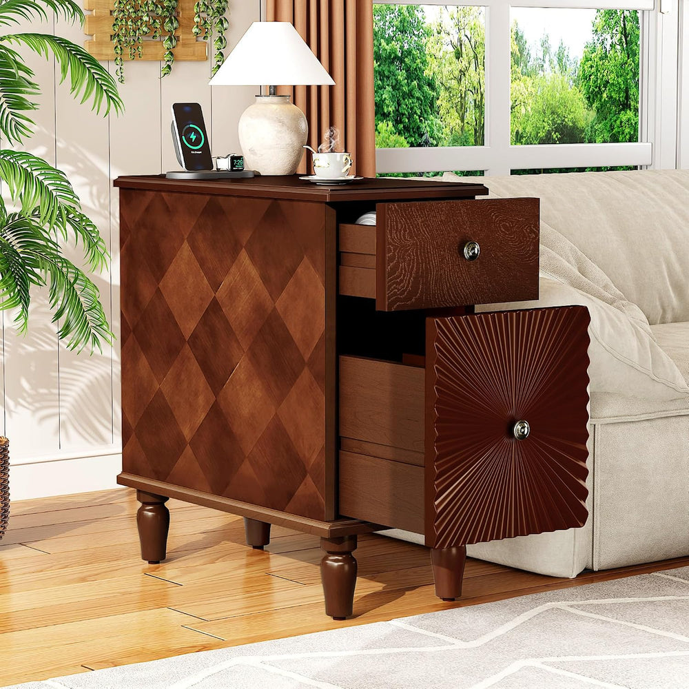 Narrow End Table with Charging Station, Slim Side Table with Drawers for Smal...