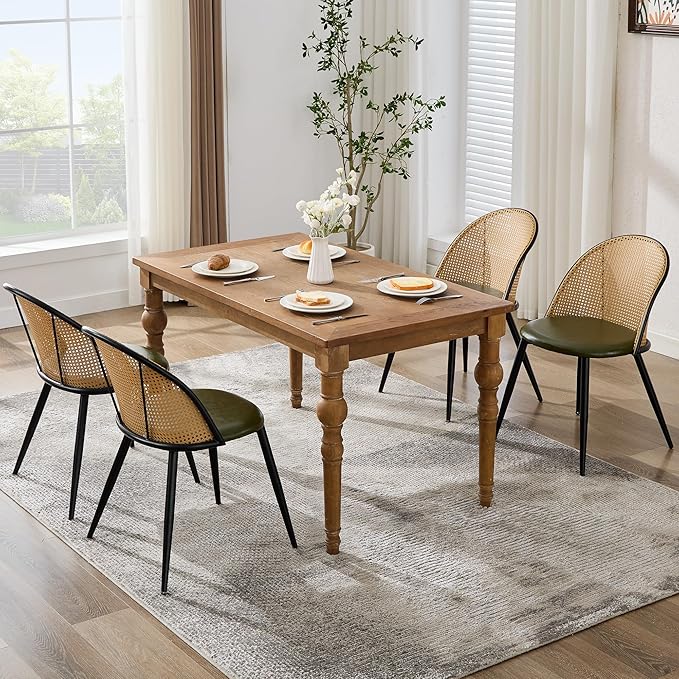 TYBOATLE Green Rattan Dinner Chairs Set of 4 with Faux Leather Cushion, Modern Dining Room Chairs w/Adjustable Foot Pads, Kitchen Boho Mid Century Upholstered