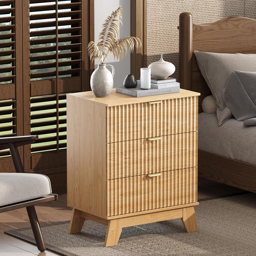 Natural Oak Night Stand with 3 Drawers, Bedside Table & End Table, 24" Wide Mid Century Modern Fluted Wood Nightstand with Metal Handles, Farmhouse Night Stands for Bedroom