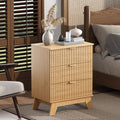 Natural Oak Night Stand with 3 Drawers, Bedside Table & End Table, 24" Wide Mid Century Modern Fluted Wood Nightstand with Metal Handles, Farmhouse Night Stands for Bedroom