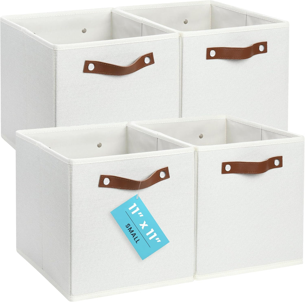 OrganiHaus 11" x 11" x 11" Fabric Cubes Storage Bins Set of 4, Foldable Collapsible Fabric Storage Bins for Organizer, Toy Organizer for Kallax, 11 Inch Linen Cube Shelf Baskets - White