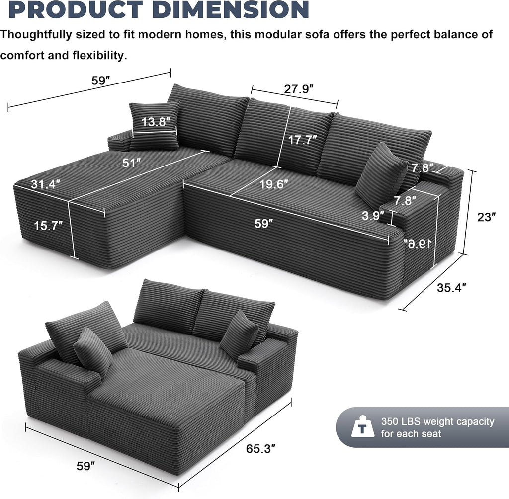 Mangodan Cloud Sectional Couch, Boneless Sofa for Living Room, Fluffy Comfy Couch with Deep Seat, Modular Sectional Sofa with L-Shaped Chaise, No Assembly Required, Dark Grey