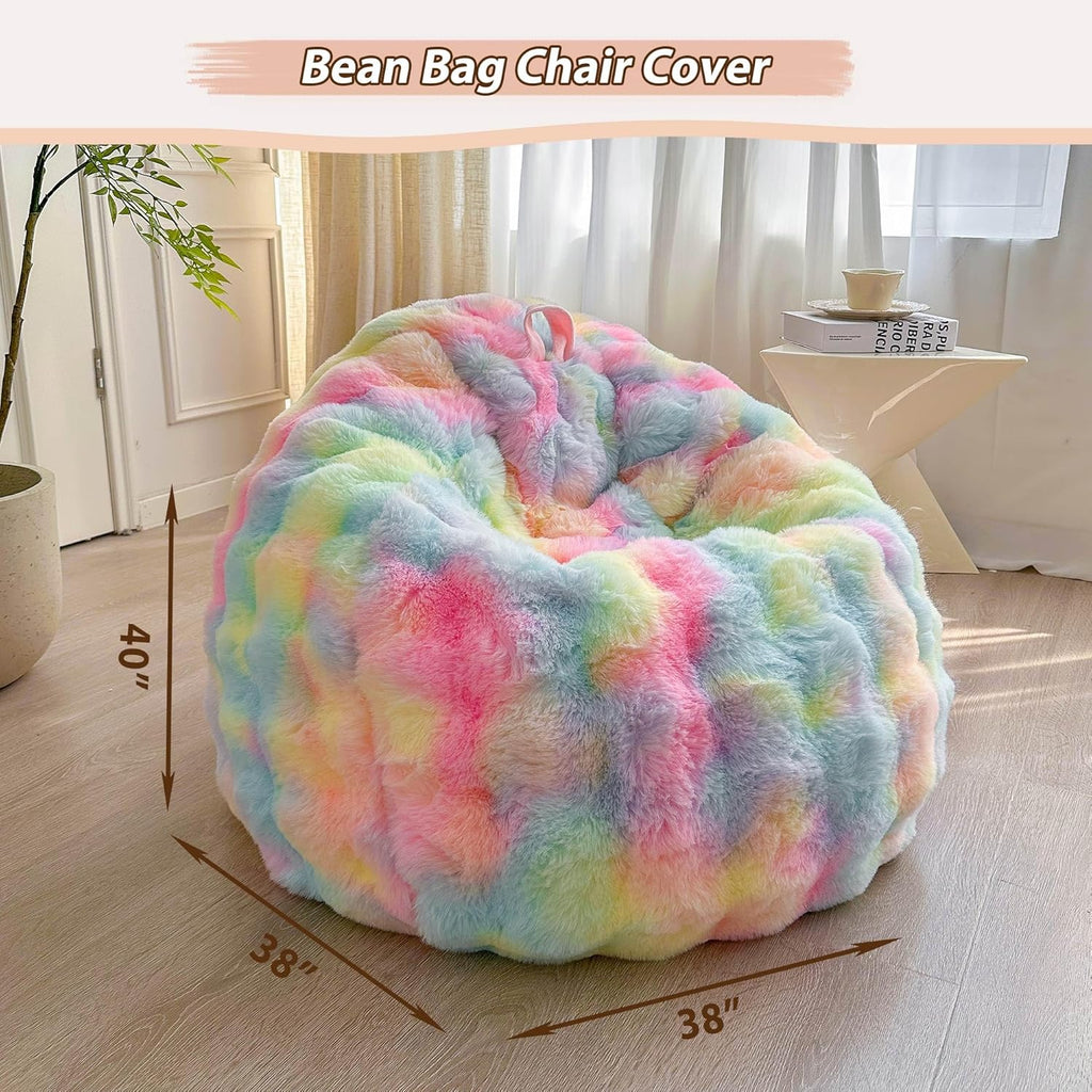 LIFEREVO Fluffy Faux Rabbit Fur Bean Bag Cover (No Filler), Soft Fuzzy Stuffed Animal Storage Bubble Waffle Bean Bag Chair for Plush Toys, Comfy Shaggy Furry Beanbag Cover Kids Girls Adults, Rainbow