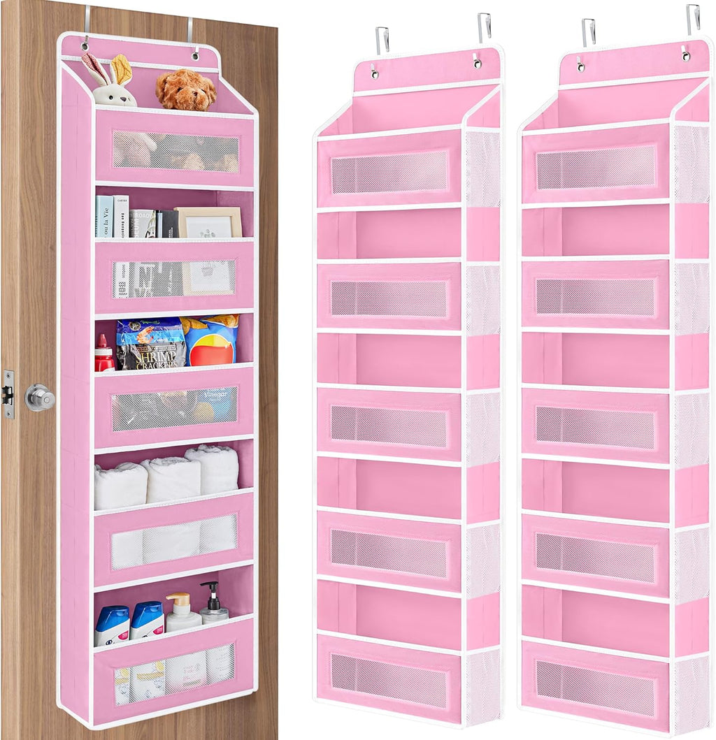 JARLINK 2 Pack Over The Door Organizer Storage, 5 Shelf Hanging Door Organizer with 5 Large Capacity Pockets, Anti Tilt 44 lb Load Behind Door Storage for Bedroom, Bathroom, Pantry, Nursery, (Pink)