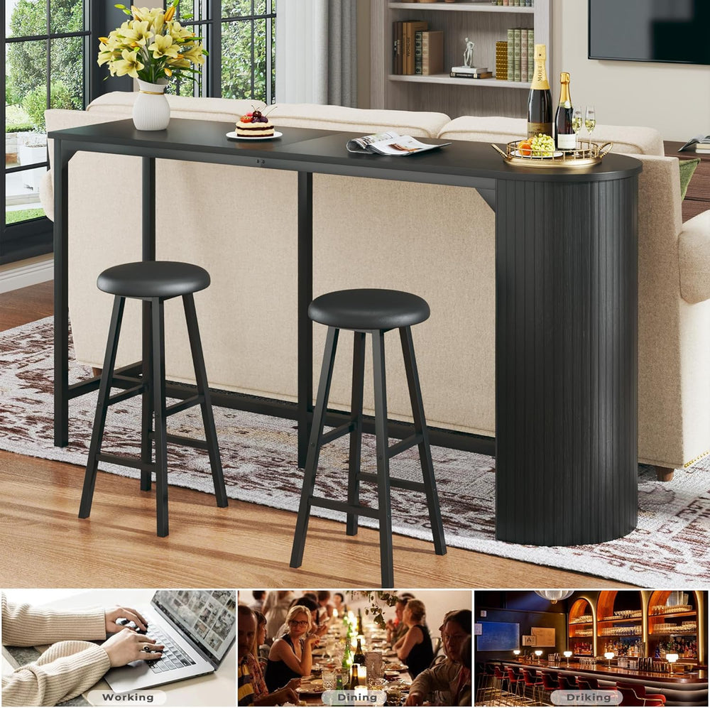 Fluted Bar Table and Chairs Set, 55'' Long Bar Tables with 2 Stools, ...