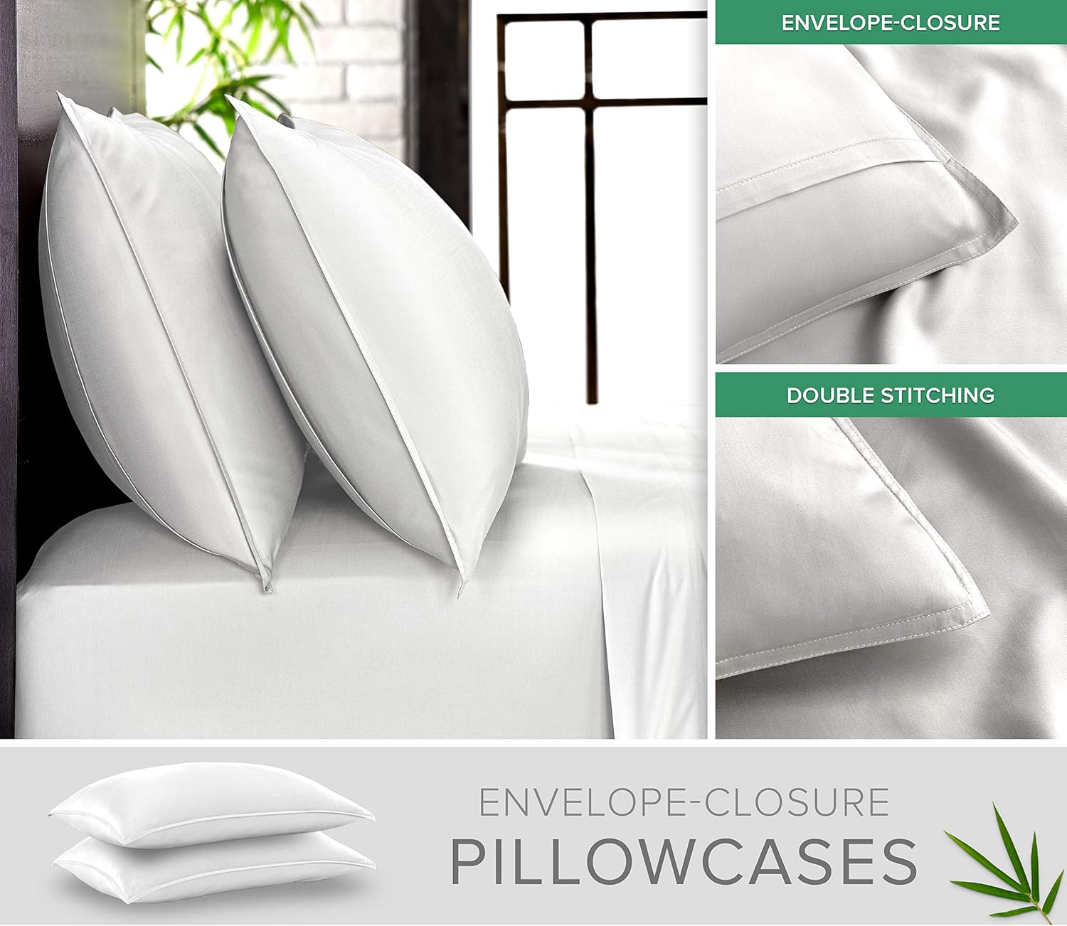 King Pillowcases by Pure Bamboo - Genuine 100% Organic Viscose Derived from Bamboo, Luxuriously Soft & Cooling, Double Stitching, Envelope Closure (2 King Pillowcases, White)