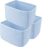 XUANGUO Woven Cotton Rope Storage Baskets 15x10x9.3" 3 Pack Light Blue | Decorative rectangular storage baskets for shelves and closets; storage bins organize clothes, toys, books and nursery items.