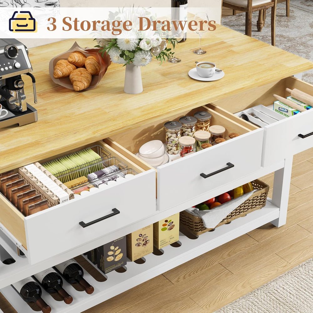 DynJest 60" Solid Rubberwood Kitchen Island with Power Outlets, Hooks,Wh...