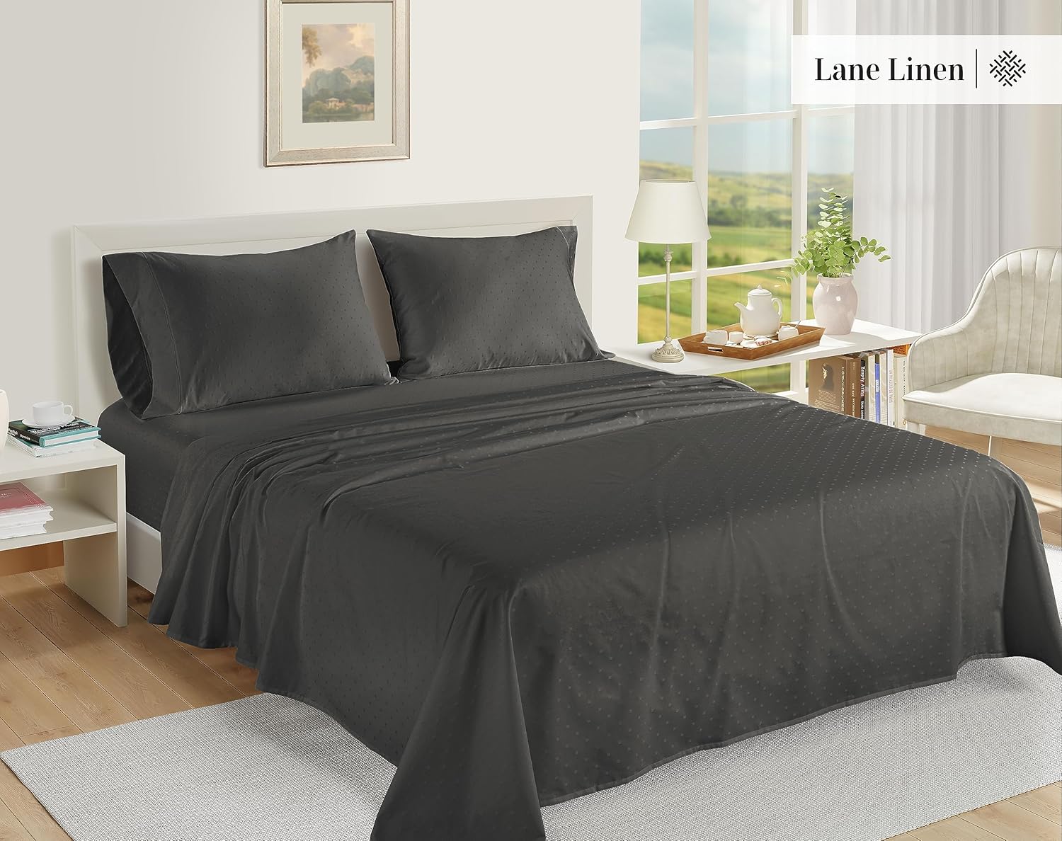 LANE LINEN Pillow Case Covers King, Set of 2, 100% Egyptian Cotton Sateen, Soft Cool & Smooth 1000 Thread Count Pillow Cases - Swiss Dot - Charcoal