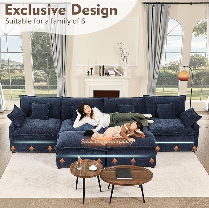 142.5" U Shaped Couch, Modular Sectional Sofa, 3-Seater Comfy Cloud Couch, Set of Modular Pieces with Movable Ottoman, Deep Seat Couches for Living Room, Chenille, Navy