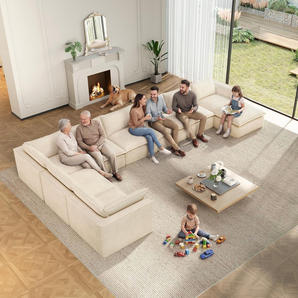 Vesgantti 7 Seater Plush Corduroy Couch, 141.7" Large Sofa, Beige | Over...