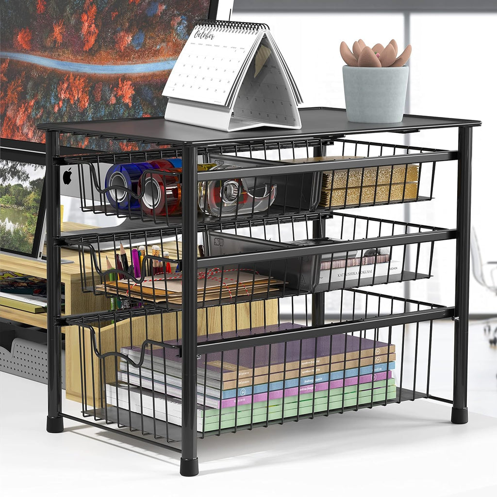 Simple Houseware 3-Tier Stackable Sliding Basket Storage Organizer Drawer for Bathroom and Kitchen, Black