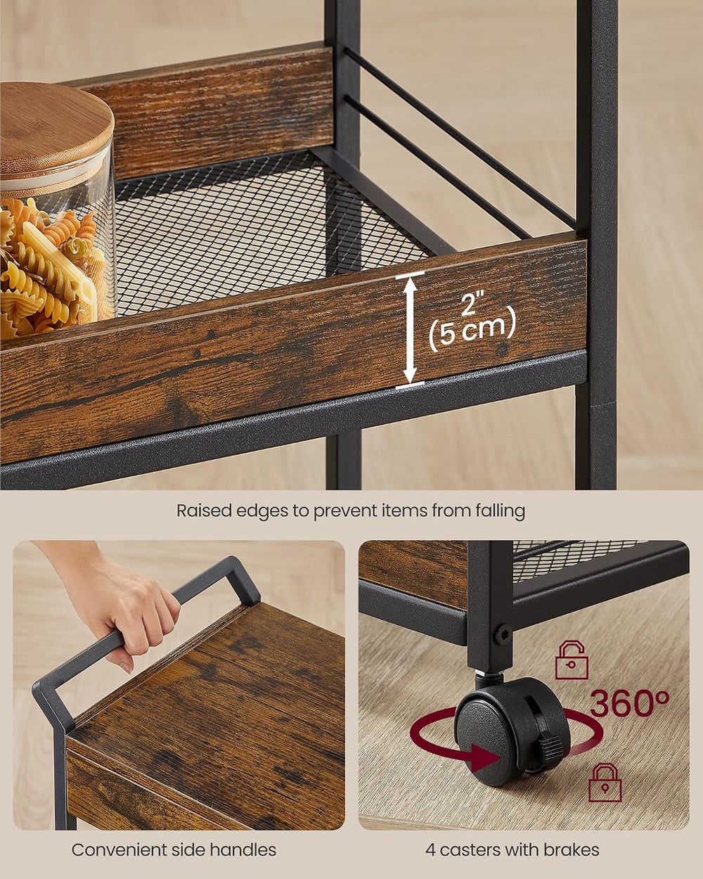 VASAGLE Storage Cart, 3-Tier Rolling Utility Cart with Table Top | Top Drawer...
