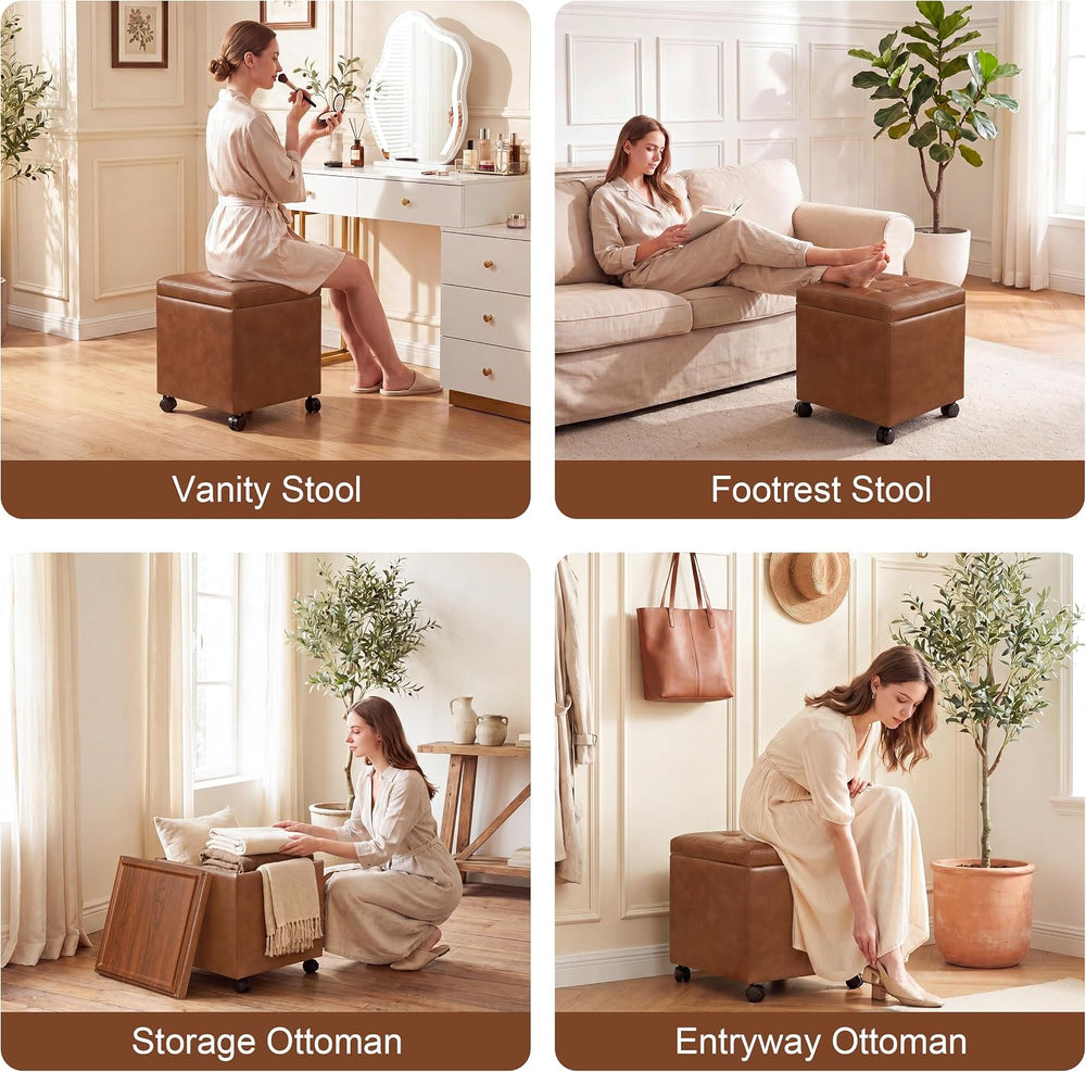 15 inch Square Storage Ottoman with Wheels and Tray Lid, Faux Leather Tufted ...