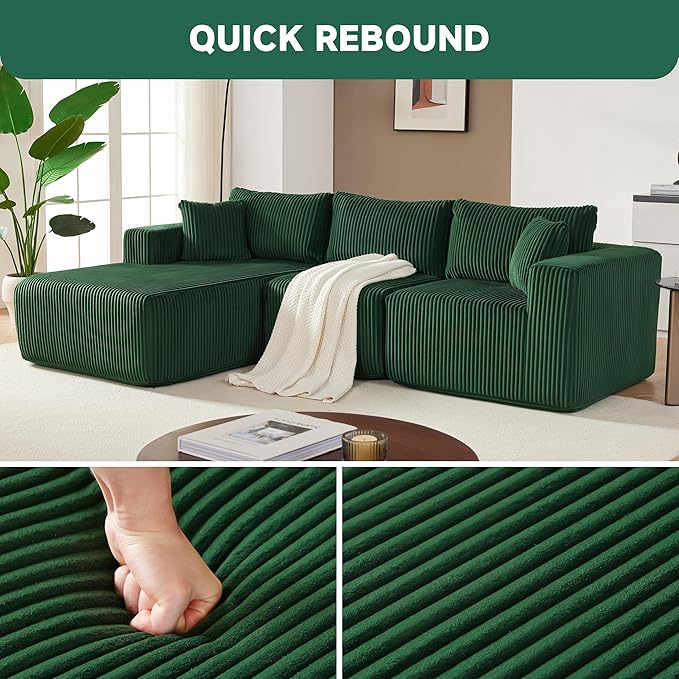 97" Modular Sectional Sofa, L-Shaped Boneless Couch with Deep Seat, Cozy Cloud Couch Sectional with Convertible Ottoman, Modern Sectional Couches for Living Room（ Green）
