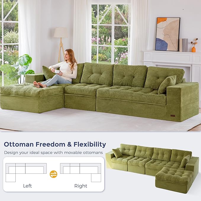MAXYOYO 132" L Shaped Modular Sectional Sofa with Ottoman, Cloud Boneless Couch with Layered Cushion, Upholstered Sofa in a Box, Flexible Module Combination for Living Room, No Assembly, Green