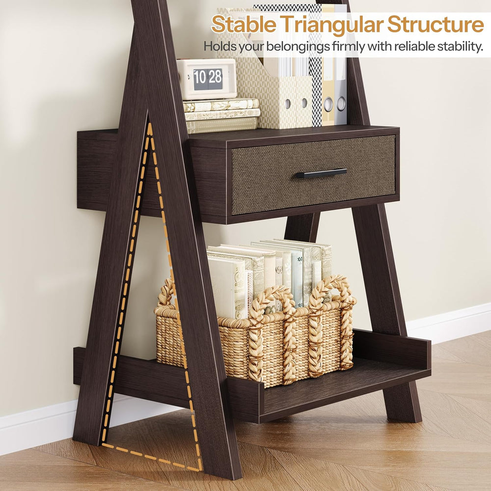 DynJest 5-Tier Bookshelf with Drawer, 70" Tall Ladder Shelf with Power O...