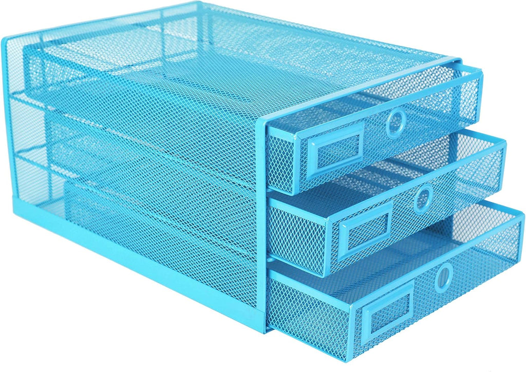 Annova Desk Organizer Wire Mesh 3 Tier Sliding Drawers Paper Sorter/Multifunctional/Premium Solid Construction for Letters, Documents, Mail, Files, Paper, Kids' Art Supplies (Blue)