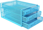 Annova Desk Organizer Wire Mesh 3 Tier Sliding Drawers Paper Sorter/Multifunctional/Premium Solid Construction for Letters, Documents, Mail, Files, Paper, Kids' Art Supplies (Blue)