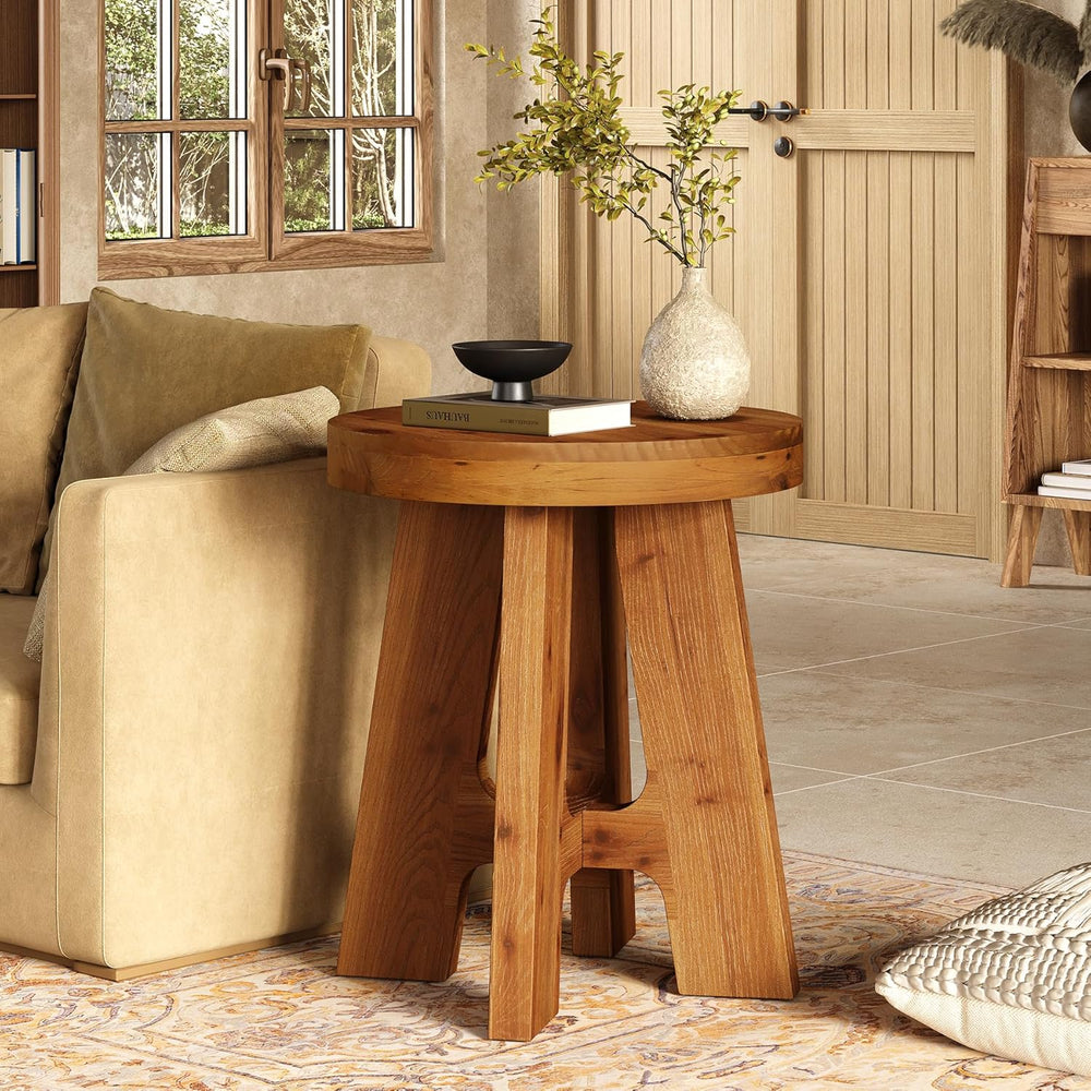 Round Side Table, Farmhouse Solid Wood End Table for Couch, Mid Century Moder...