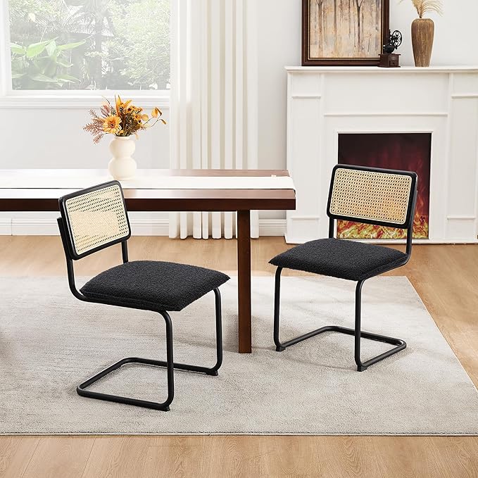 Zesthouse Natural Rattan Dining Chairs Set of 4, Modern Kitchen Chairs with Solid Wood Back for Dining Room Living Room, Mid Century Breuer Design Inspired, Upholstered Boule Fabric, Black