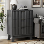 Fluted Nightstand with 3 Storage Drawers, 24" Wide Wood Bedside Table with Mental Handle, Mid Century Modern Wooden Side Table Night Stand, Curved End Table for Bedroom, Living Room, Black