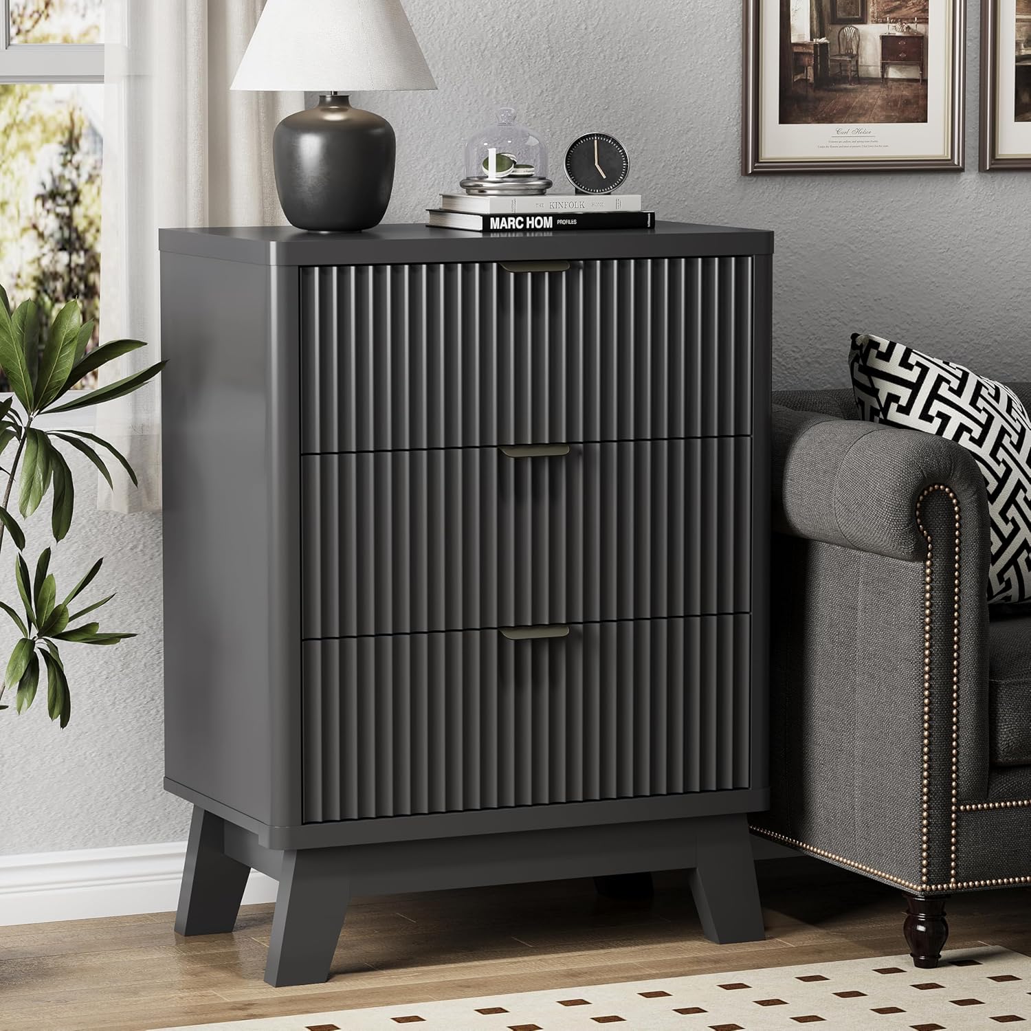 Fluted Nightstand with 3 Storage Drawers, 24" Wide Wood Bedside Table with Mental Handle, Mid Century Modern Wooden Side Table Night Stand, Curved End Table for Bedroom, Living Room, Black