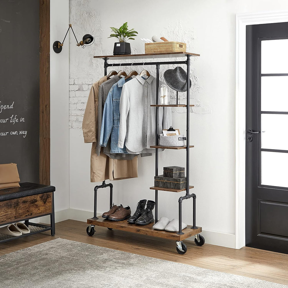 VASAGLE Clothes Rack, 5-Tier Garment Rack on Wheels, Industrial Pipe Style