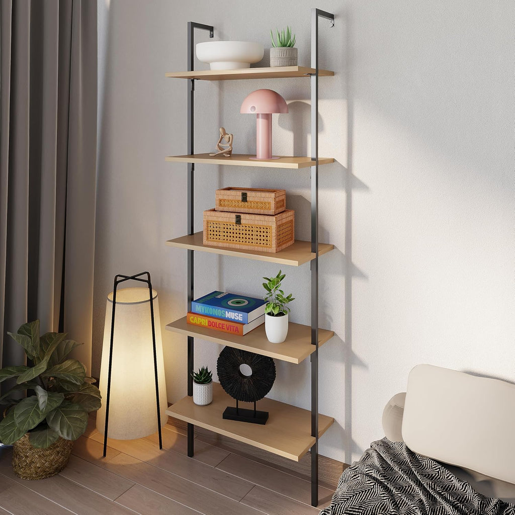 happimess MSH1001B Madera 72.05" Classic Industrial 5-Shelf Wood Wall-Mounted Open Ladder Bookcase with Metal Frame, Light Oak/Black