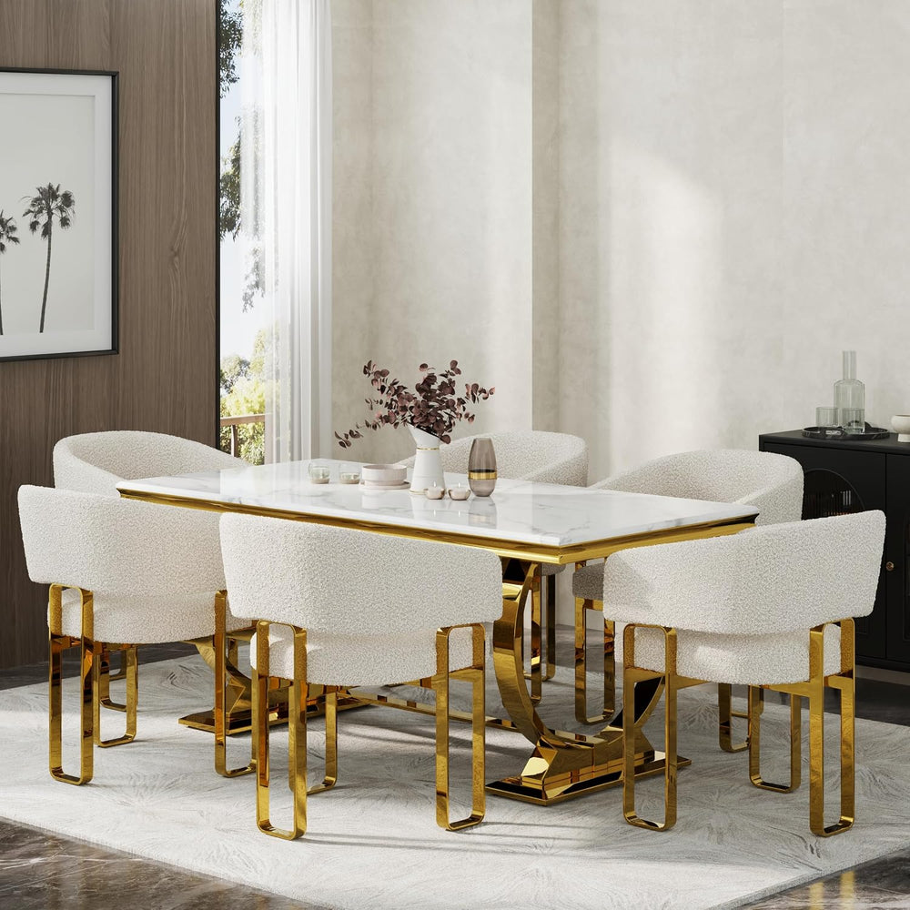 7 Piece Dining Table Set for 6, Luxurious 70" White and Gold Dining Room...