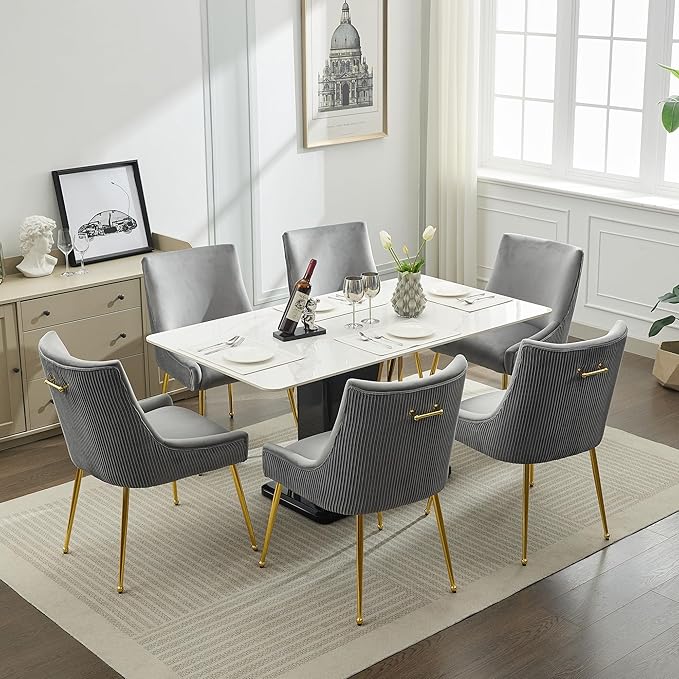Velvet Dining Chairs Set of 2 Gold Legs,Upholstered Velvet Accent Chairs, Pleated Back Design & Gold Pull Handle, Mid Century Modern Chairs for Dining/Kitchen/Living Room,Light Grey