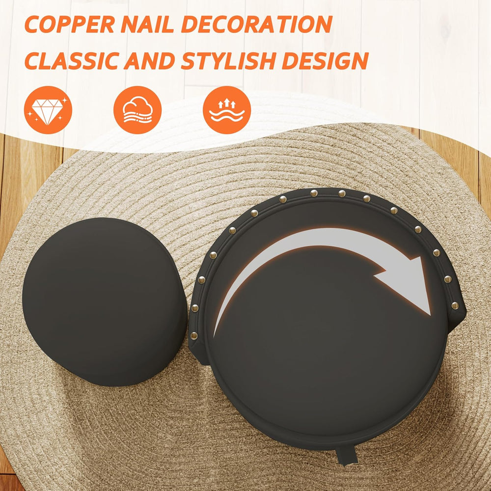 Round Vanity Chair with Storage, Rolling PU Leather Swivel Work Makeup Stool ...