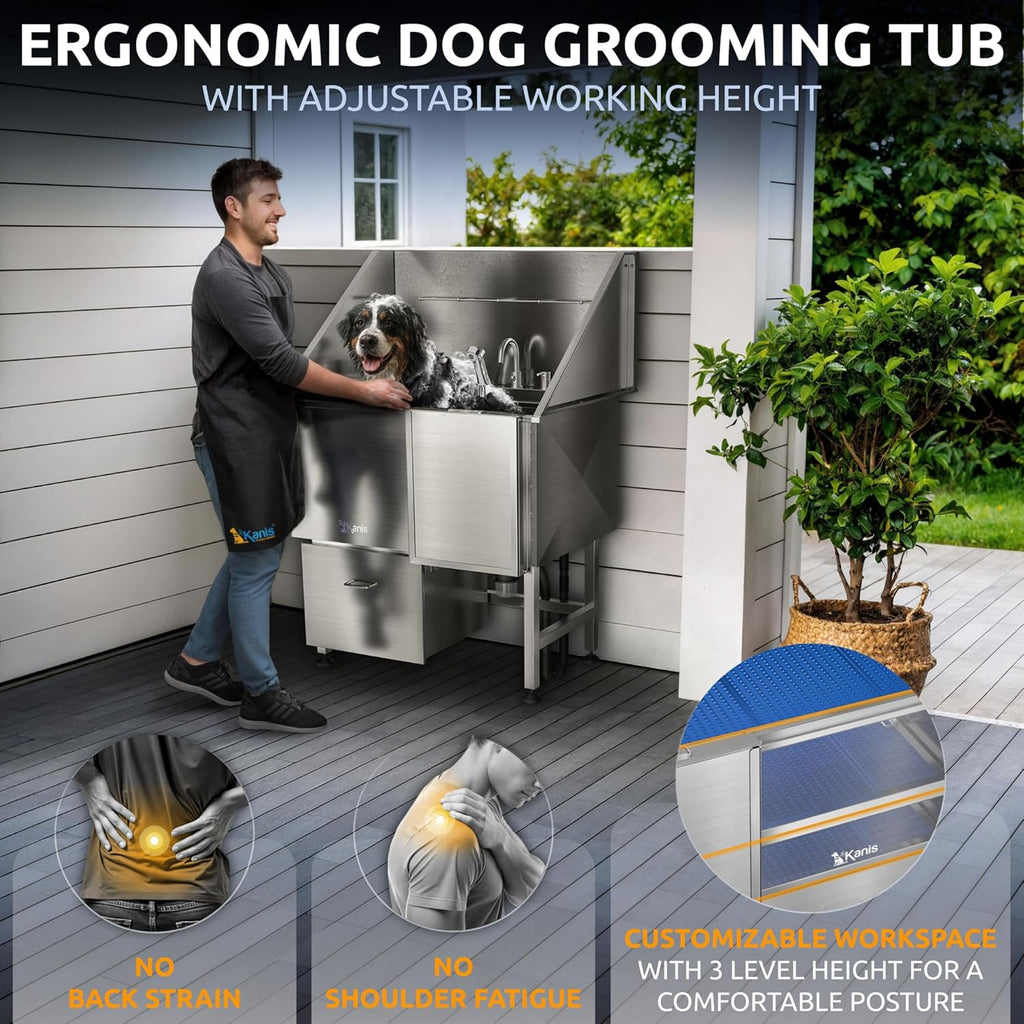 KANIS Professional Dog Washing Station - 304 Stainless Steel Pet Wash Sink & Grooming Bathtub w/Shower, Floor Grates and Storage for Large, Medium & Small Pets (40", 1 Drawer - Right Ramp)