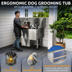 KANIS Professional Dog Washing Station - 304 Stainless Steel Pet Wash Sink & Grooming Bathtub w/Shower, Floor Grates and Storage for Large, Medium & Small Pets (40", 1 Drawer - Right Ramp)