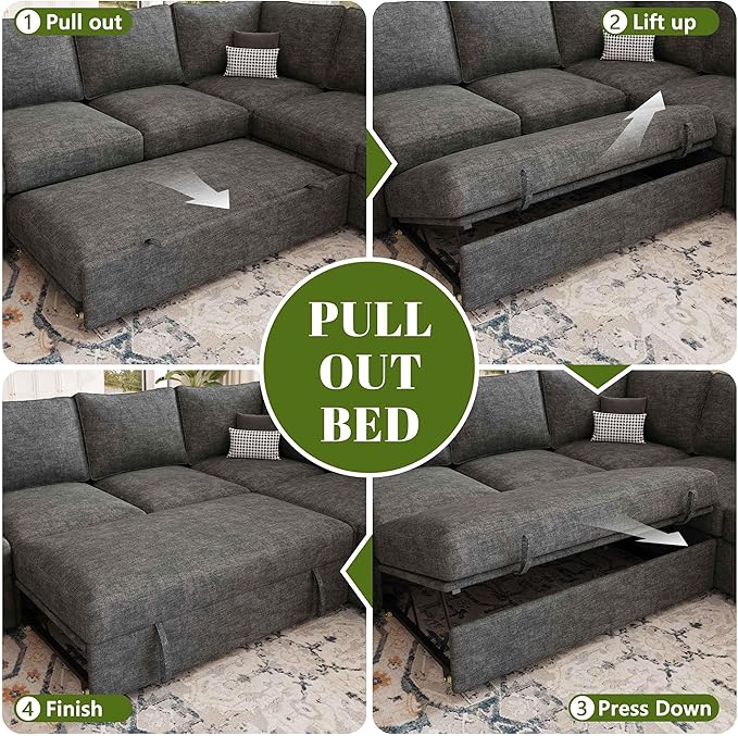 108 Inch Sectional Sleeper Sofa with Pull Out Bed, U Shaped 7 Seat Modular Sectional Sofa with Storage, Sectional Couches for Living Room, Cloud Modular Couch,Removable Sofa Cover, Dark Grey