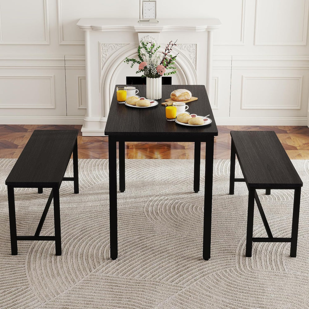 Dining Table Set for 4, Kitchen Table with 2 Benches, 3-Piece Wood Dining Roo...