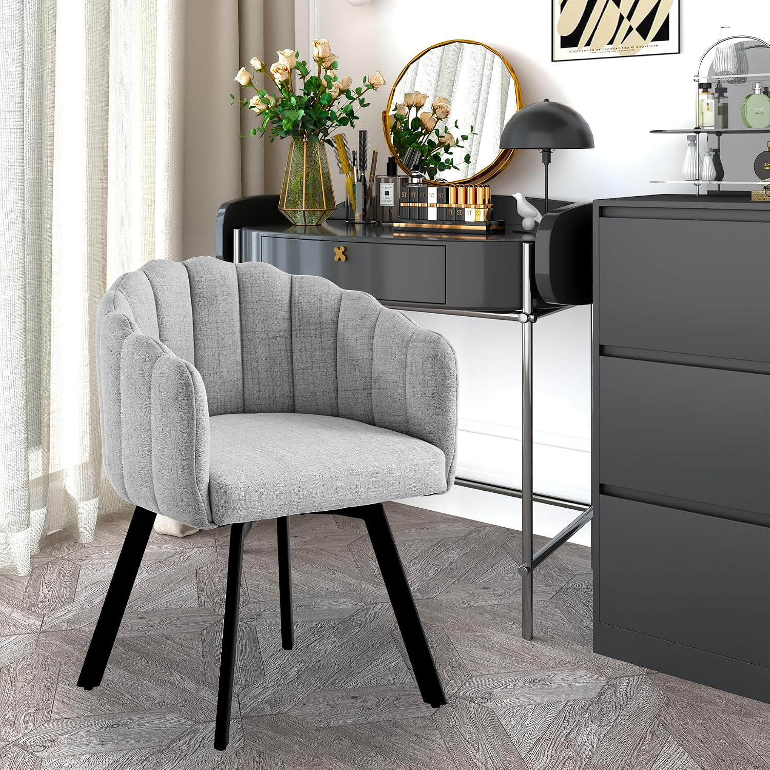 Swivel Dining Chairs Set of 2: Comfy Fabric Upholstered Metal Modern Accent Kitchen Chair with Arms & Back Black & Gray