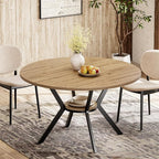 42 Inch Round Dining Table for 2–4, Farmhouse Round Kitchen Table with Storage Shelf, Pedestal Dining Table, Wood Top & Metal Base, Small Space Table for Apartment, Dining Room