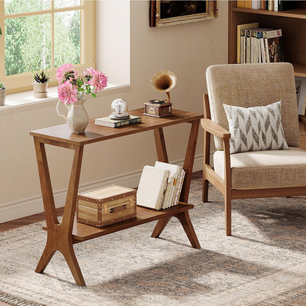 Solid Wood End Table for Living Room, 2-Tier Storage Shelves Sofa Couch Side ...